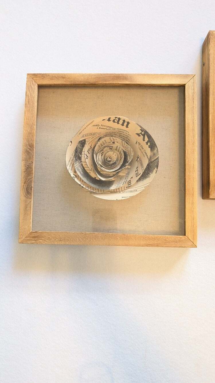 Set of 2 Newspaper Rolled Paper Rose 3D Shadow Box Wall Art 11x11